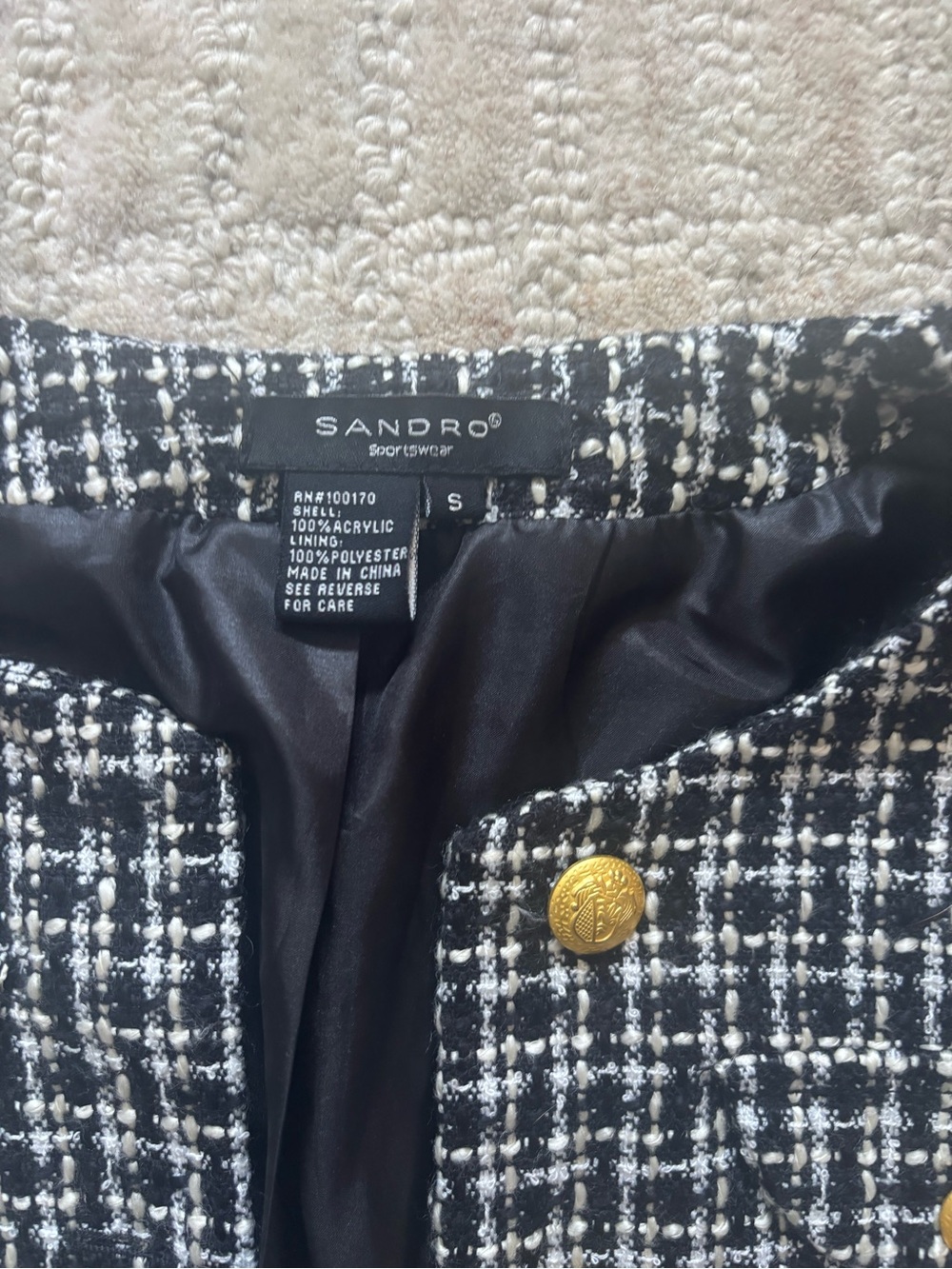 Sandro Black & White Tweed Jacket with Gold Buttons - Picture 3 of 3